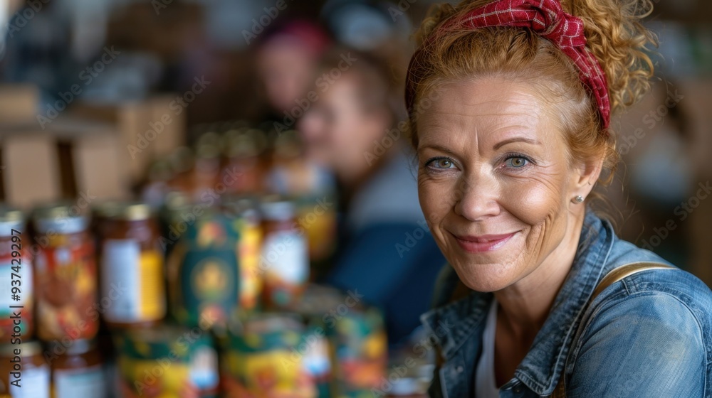 Compassionate Volunteer: In a warehouse, a middle-aged woman packs cans with a smile, working alongside volunteers. Her face radiates kindness and warmth in the bustling space.
Compassionate Volunteer: In a warehouse, a middle-aged woman packs cans with a smile, working alongside volunteers. Her face radiates kindness and warmth in the bustling space.