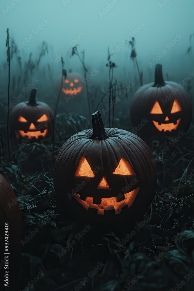 Halloween Jack o Lantern Pumpkins in Foggy Field Halloween Jack o Lantern Pumpkins in Foggy Field