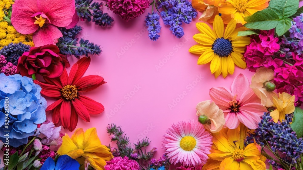 Fragrant flowers in pink, red, yellow, purple, and blue on a bright background, perfect for a postcard inscription Fragrant flowers in pink, red, yellow, purple, and blue on a bright background, perfect for a postcard inscription