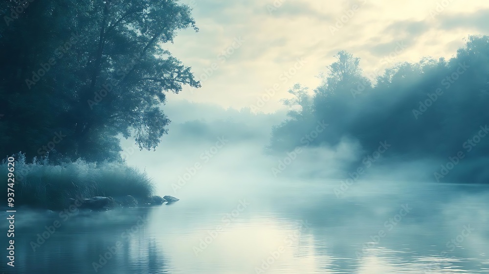 Misty River Landscape with Foggy Trees and Calm Water - Photo Misty River Landscape with Foggy Trees and Calm Water - Photo