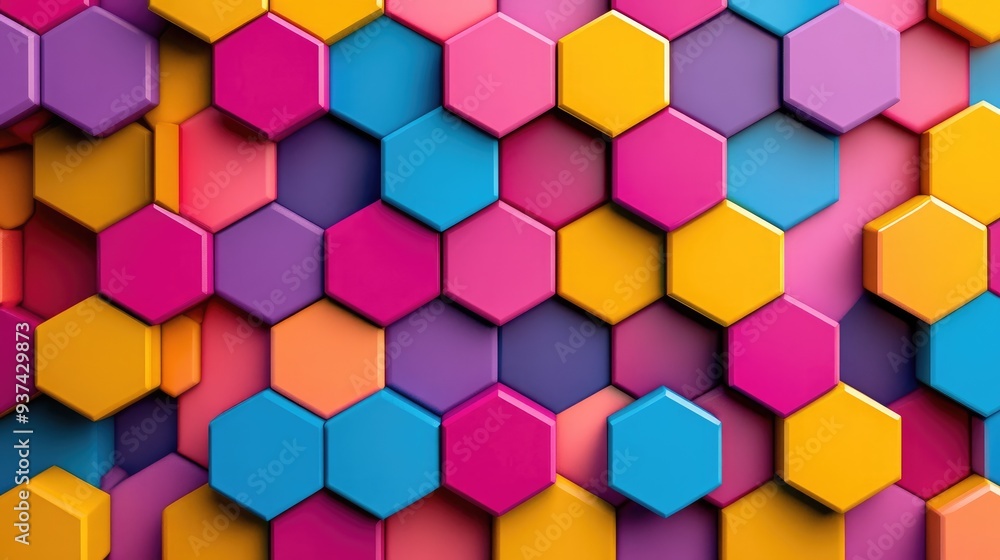 Repeating geometric pattern of multicolored hexagons in vibrant shades of pink, yellow, red, blue, and purple, bold abstract image Repeating geometric pattern of multicolored hexagons in vibrant shades of pink, yellow, red, blue, and purple, bold abstract image
