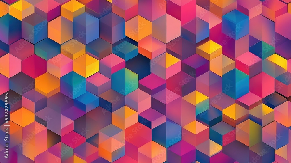 Repeating geometric pattern of multicolored hexagons in vibrant shades of pink, yellow, red, blue, and purple, bold abstract design Repeating geometric pattern of multicolored hexagons in vibrant shades of pink, yellow, red, blue, and purple, bold abstract design