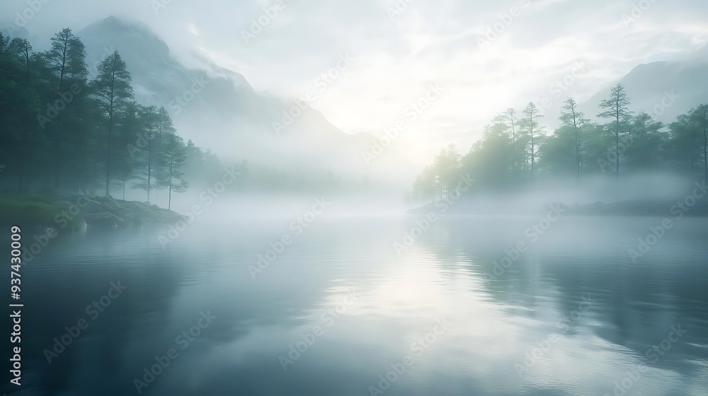 Misty Morning Lake with Mountain Background 3D Illustration Misty Morning Lake with Mountain Background 3D Illustration