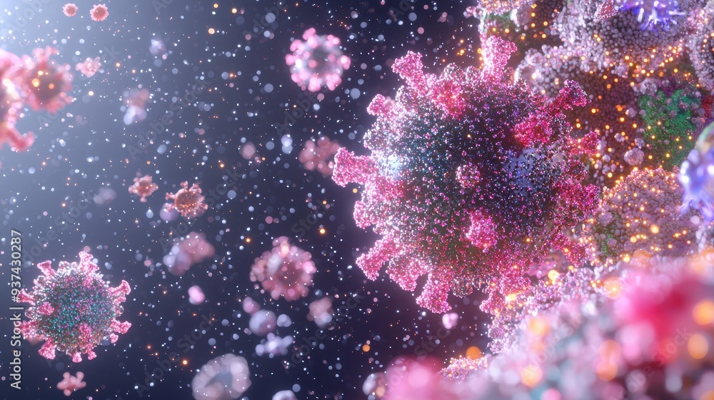 Fototapeta premium Abstract D Rendering of Pink and Blue Virus Particles with Glittering Lights