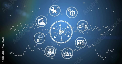 Animation of interconnected icons representing various business tools and processes