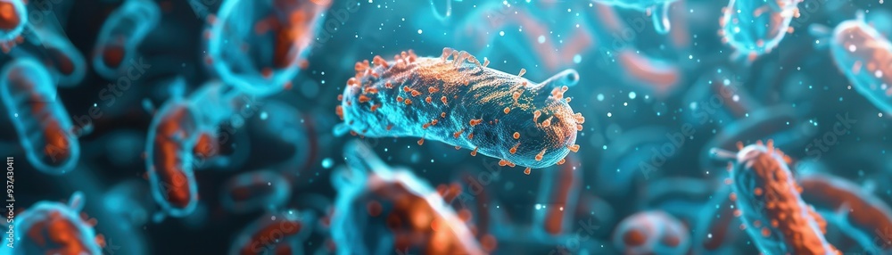 Microscope view of bacteria, Futuristic, Bright, Digital, Highlighting biological science Microscope view of bacteria, Futuristic, Bright, Digital, Highlighting biological science