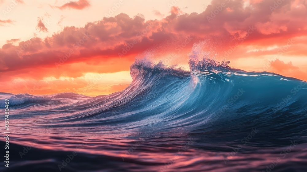 Obraz premium Towering ocean wave with dynamic motion blur, crashing with turbulent surf under a colorful sunset sky in reds, oranges, and blue