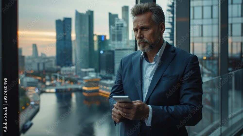 Fototapeta premium Corporate Command: Dressed sharply in a navy blue suit, a middle-aged man stands by an office window overlooking the city. Holding a phone and tablet, he projects professionalism.