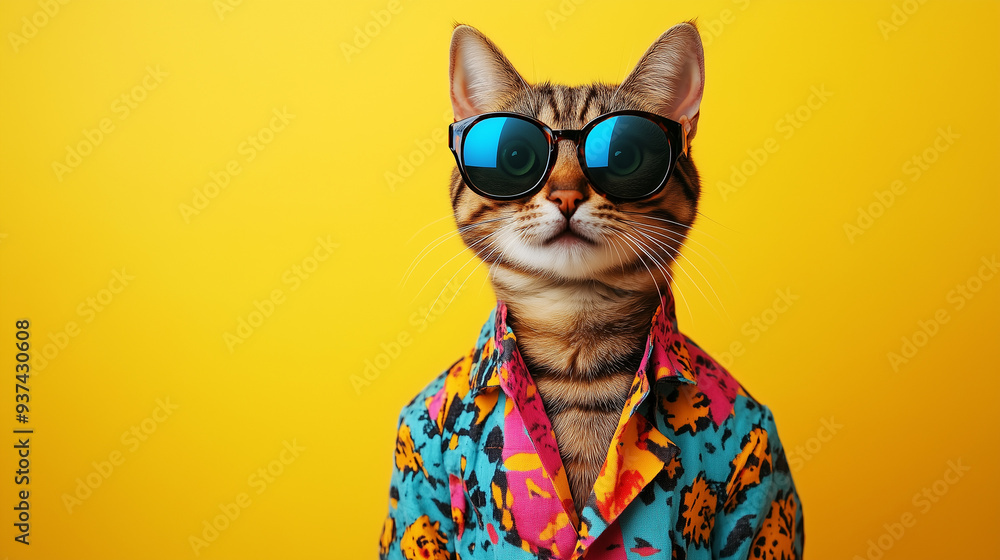 Cat in a bright shirt and sunglasses against a yellow wall. Looks fashionable and creative Cat in a bright shirt and sunglasses against a yellow wall. Looks fashionable and creative