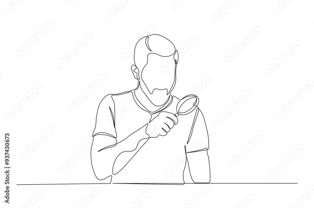 Men holding magnifying glass continuous one line drawing. Man holds magnifying glass single line art illustration. Editable vector. Men holding magnifying glass continuous one line drawing. Man holds magnifying glass single line art illustration. Editable vector.