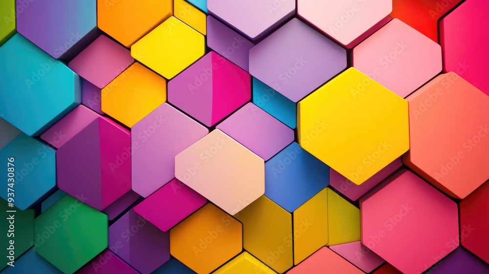 Vibrant abstract image with a geometric pattern of multicolored pentagons in shades of pink, yellow, red, blue, green, and purple Vibrant abstract image with a geometric pattern of multicolored pentagons in shades of pink, yellow, red, blue, green, and purple