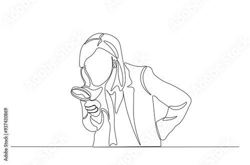 Woman holding magnifying glass continuous one line drawing. Looking something with magnifying glass single line art illustration. Editable vector.