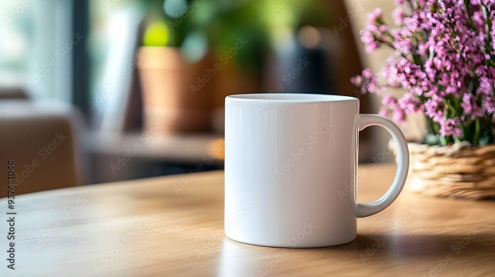 Plain white ceramic mug placed on a clean simple table surface providing ample copyspace for a custom logo branding or design This minimalist high key product shot is perfect for e commerce Plain white ceramic mug placed on a clean simple table surface providing ample copyspace for a custom logo branding or design This minimalist high key product shot is perfect for e commerce