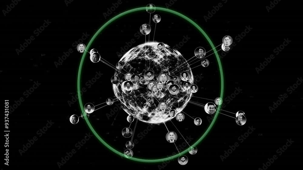 Network of connected people animation over globe with green circle Network of connected people animation over globe with green circle