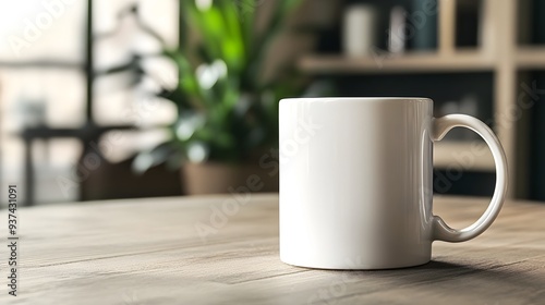 Plain White Ceramic Mug Placed on a Clean and Simple Tabletop Surface Ideal for Product Mockup Logo Placement and Custom Branding Designs