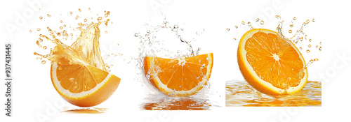 Orange splash set isolated on transparent background, fresh orange slices with water splash for food and drinks