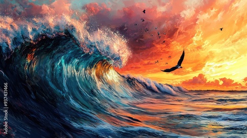 Vibrant ocean wave crashing with dynamic motion blur, colorful sunset sky in vivid reds, oranges, and blues, with birds in flight photo