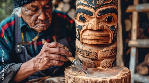 Native American craftsman carving a wooden totem pole, Fantasy, Earthy, Watercolor, Highlighting cultural artistry and craftsmanship