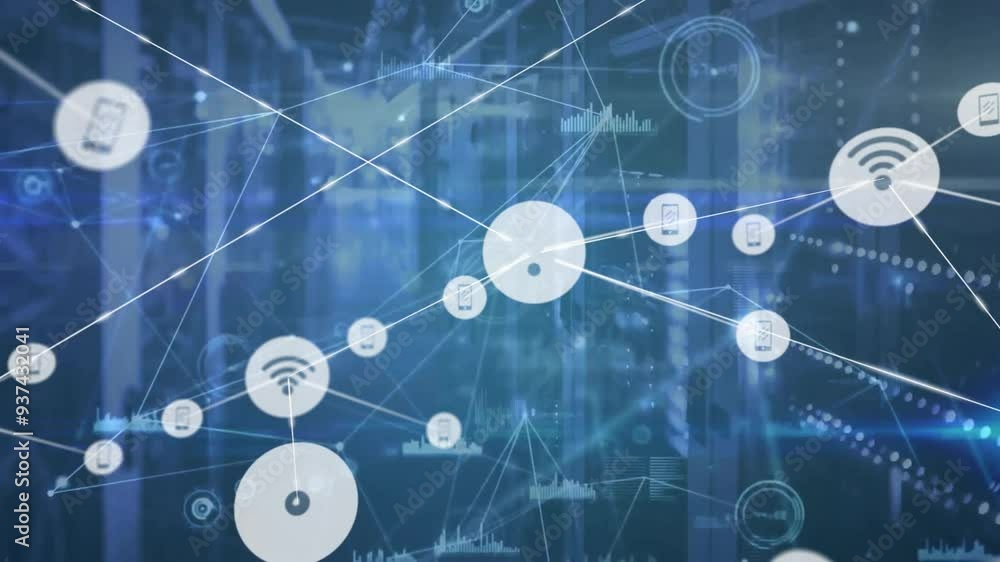 Network connectivity and data transfer animation over blurred office background Network connectivity and data transfer animation over blurred office background