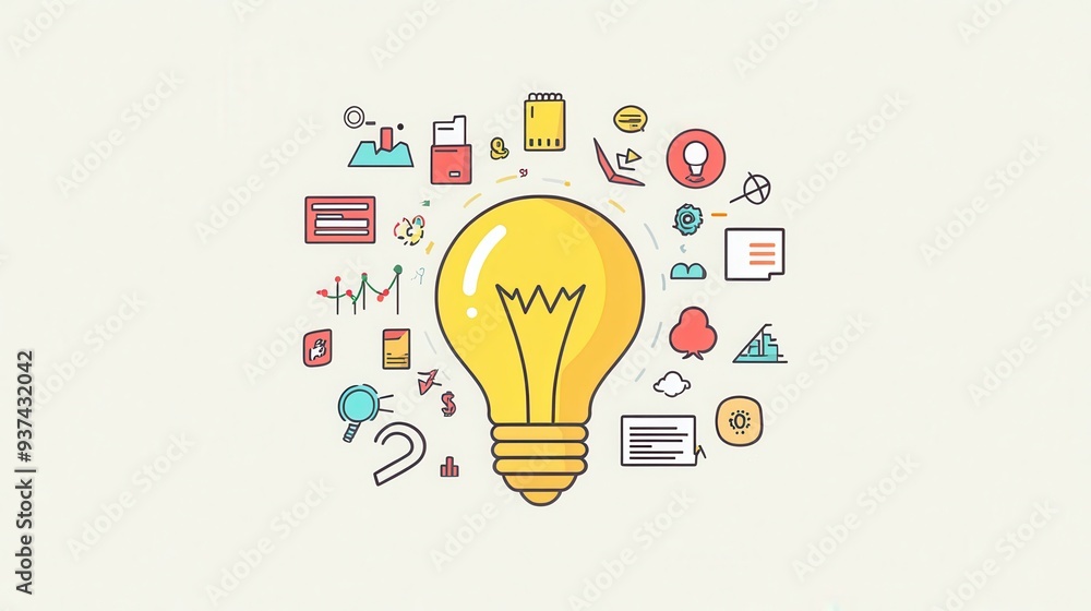 Light Bulb Surrounded by Business Icons Concept Illustration Light Bulb Surrounded by Business Icons Concept Illustration