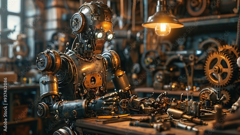 A steampunk robot sits at a workbench in a workshop, surrounded by tools and gears. A steampunk robot sits at a workbench in a workshop, surrounded by tools and gears.
