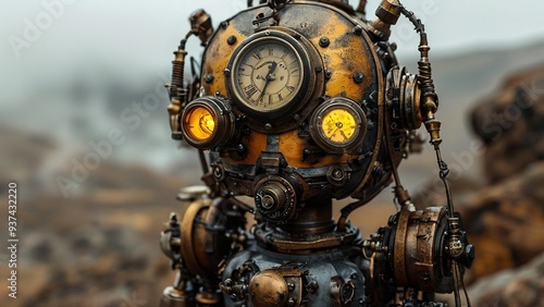 A steampunk robot with a clock face and goggles, standing in a rocky, desolate landscape.