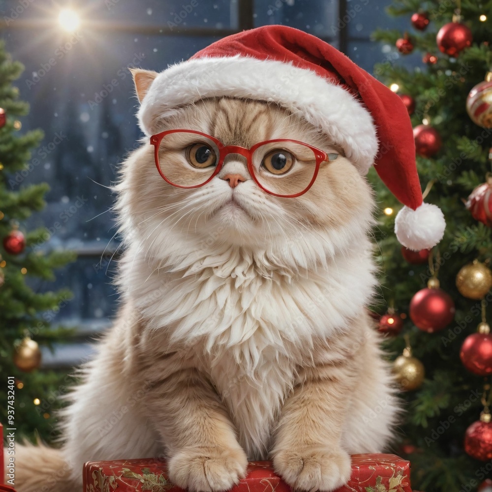 Beautiful cat with glasses in a red cap against the background of a Christmas tree and boxes with gifts, Christmas card Beautiful cat with glasses in a red cap against the background of a Christmas tree and boxes with gifts, Christmas card