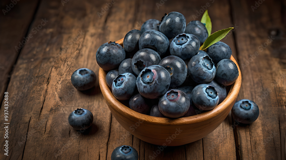 Fresh blueberries in jar on wooden table, copy space. Generative AI Fresh blueberries in jar on wooden table, copy space. Generative AI