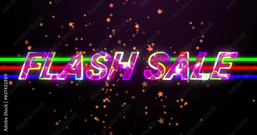 Flash Sale text animation with colorful stars on dark background Flash Sale text animation with colorful stars on dark background