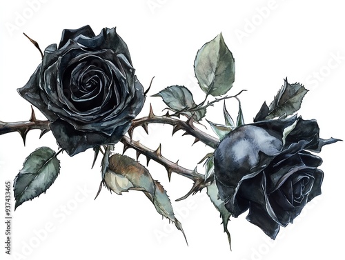 Black roses, thorns entwined, gothic garden, Watercolor style, isolated on white background
