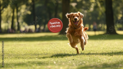 A dog playing fetch in a sunny park, text 