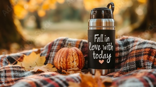 A cozy autumn scene with a plaid blanket, text 