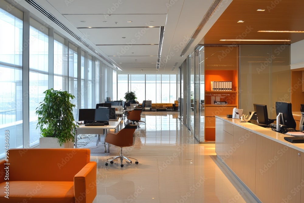 A large open office space with a lot of natural light and a few potted plants