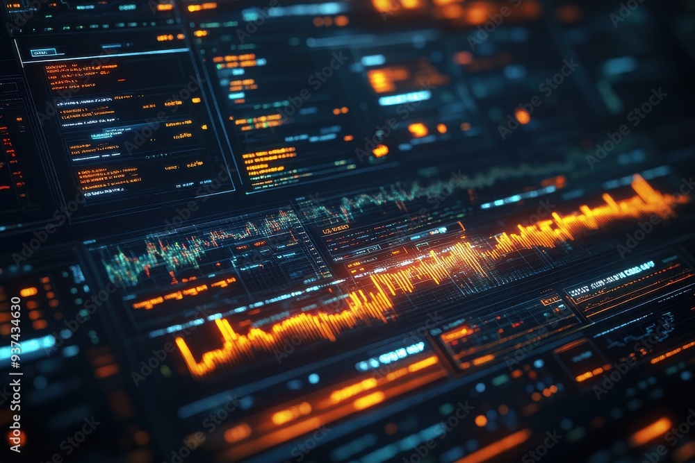 A computer screen with a lot of orange and blue lines