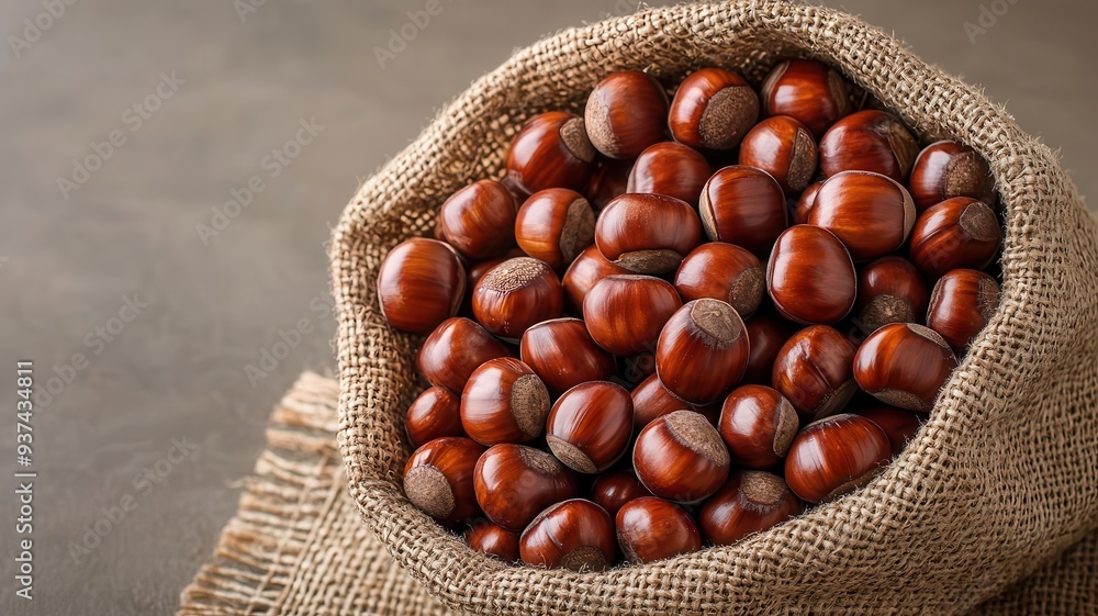 Fresh organic chestnuts in a burlap sack, glossy brown texture, natural detail, 3D illustration Fresh organic chestnuts in a burlap sack, glossy brown texture, natural detail, 3D illustration