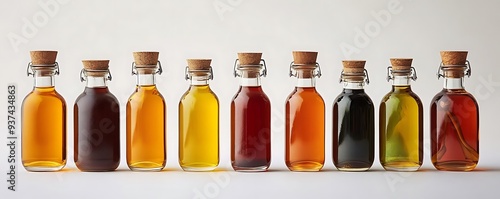 Row of Eight Glass Bottles with Cork Stoppers - Realistic Image