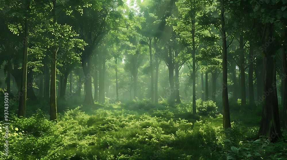 A serene forest scene with lush greenery and soft sunlight filtering through the trees. A serene forest scene with lush greenery and soft sunlight filtering through the trees.