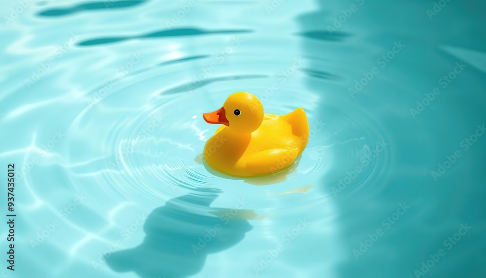 Sunny day by the pool with a yellow rubber duck floating in turquoise water providing ample copy space for a summer themed background image ideal for a spa resort or hotel advertiseme Sunny day by the pool with a yellow rubber duck floating in turquoise water providing ample copy space for a summer themed background image ideal for a spa resort or hotel advertiseme