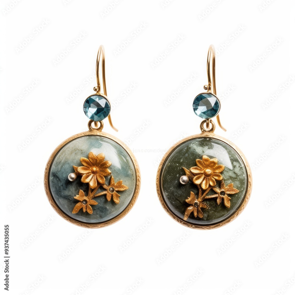 Elegant Gold and Jade Earrings with Floral Design - Close-Up Photograph Elegant Gold and Jade Earrings with Floral Design - Close-Up Photograph