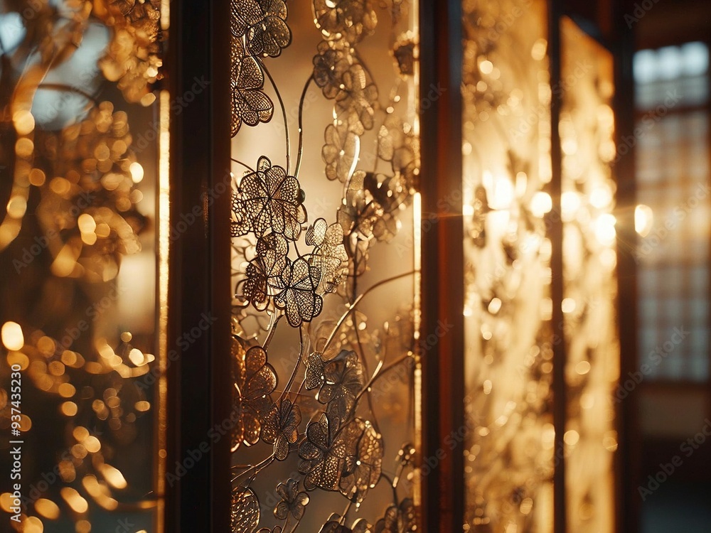 Close-up of a traditional Japanese shoji screen with intricate floral designs, illuminated by warm sunlight streaming through the translucent paper.