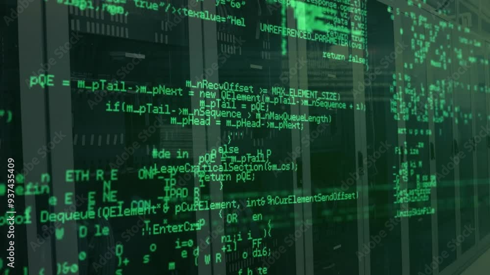 Green code and data processing animation over server racks in data center Green code and data processing animation over server racks in data center