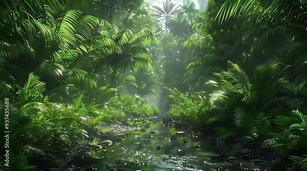 A lush, green jungle with a serene stream flowing through dense foliage, creating a tranquil atmosphere. A lush, green jungle with a serene stream flowing through dense foliage, creating a tranquil atmosphere.