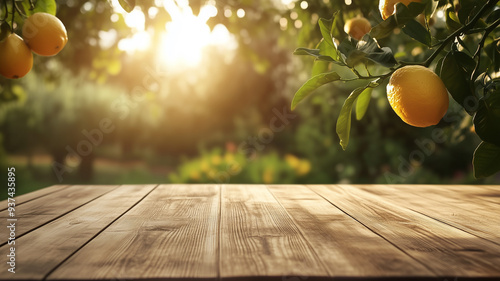 A wooden table with a lemon tree as a backdrop, with a blurred background, and natural light shining in to enhance the scene, making it look fresh and vibrant.