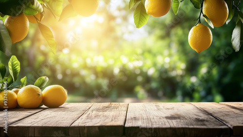 A wooden table with a lemon tree as a backdrop, with a blurred background, and natural light shining in to enhance the scene, making it look fresh and vibrant. photo