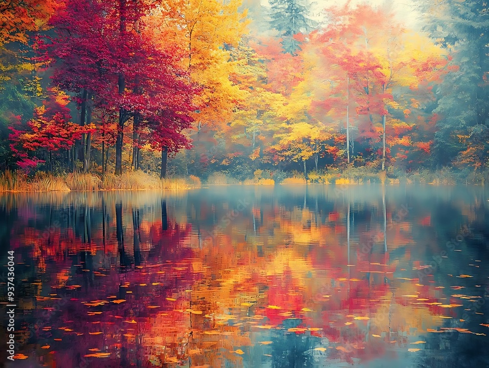 Autumn Forest Reflection in Still Water - Illustration Autumn Forest Reflection in Still Water - Illustration