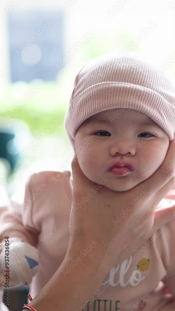Chinese Malaysian infant girl just a few months old spending time with family in stylish Western style cafe in vertical slow motion video. Chinese Malaysian infant girl just a few months old spending time with family in stylish Western style cafe in vertical slow motion video.