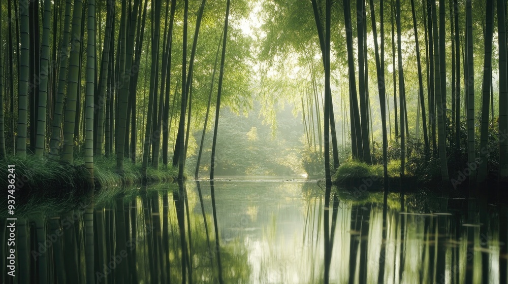 Obraz premium Tranquil bamboo forest with a still pond reflecting the trees.