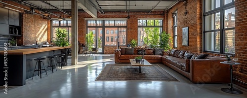 Modern Industrial Loft Living Room with Leather Sofa and Brick Walls - Interior Design Photography