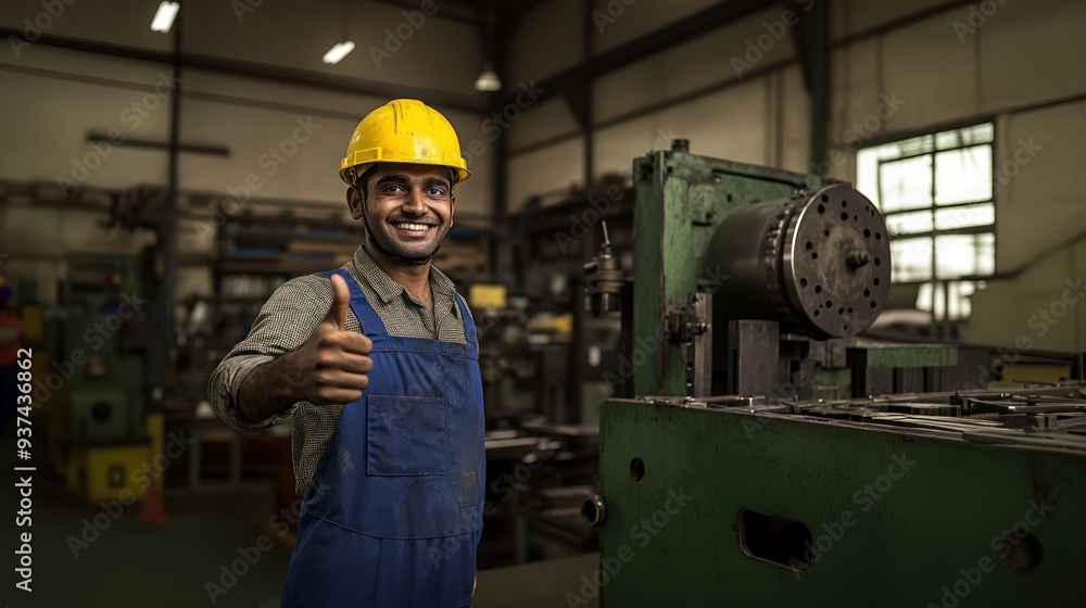Indian male industrial worker giving a thumbs up while working on a green machine, positive gesture, factory environment, machinery in action Indian male industrial worker giving a thumbs up while working on a green machine, positive gesture, factory environment, machinery in action