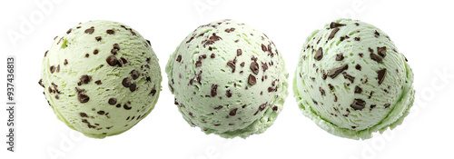 Mint chocolate chip ice cream scoops set isolated on transparent background, creamy mint chocolate chip ice cream for desserts